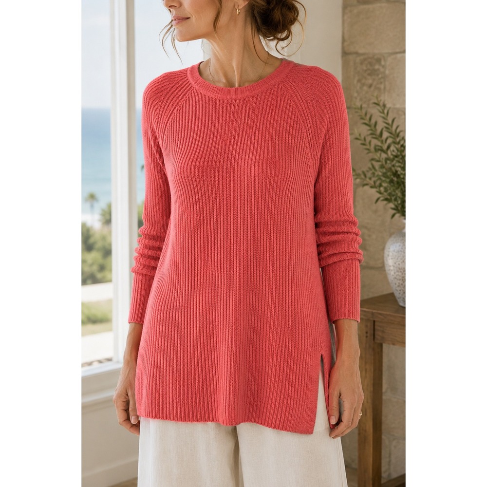 J.Jill Ribbed Knit Tunic Sweater Coral Cotton Blend Side Slits M Tall